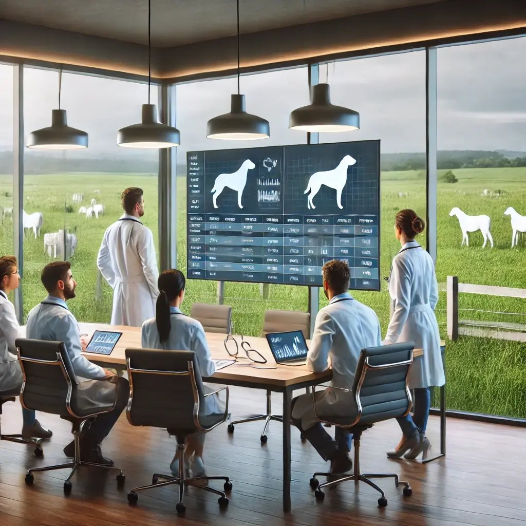 DALL·E 2024-10-15 15.23.38 - A group of five veterinary doctors in a modern boardroom, reviewing data on a screen. The boardroom has large windows that overlook a green pasture wi