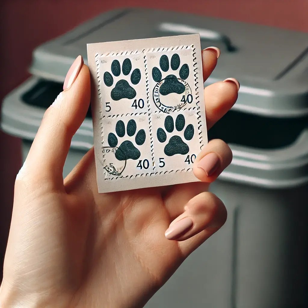 DALL·E 2024-10-18 09.08.40 - A close-up of a simple stamp card with six paw print stamps, being held by a female hand that appears to be in her 40s. The hand looks slightly aged w