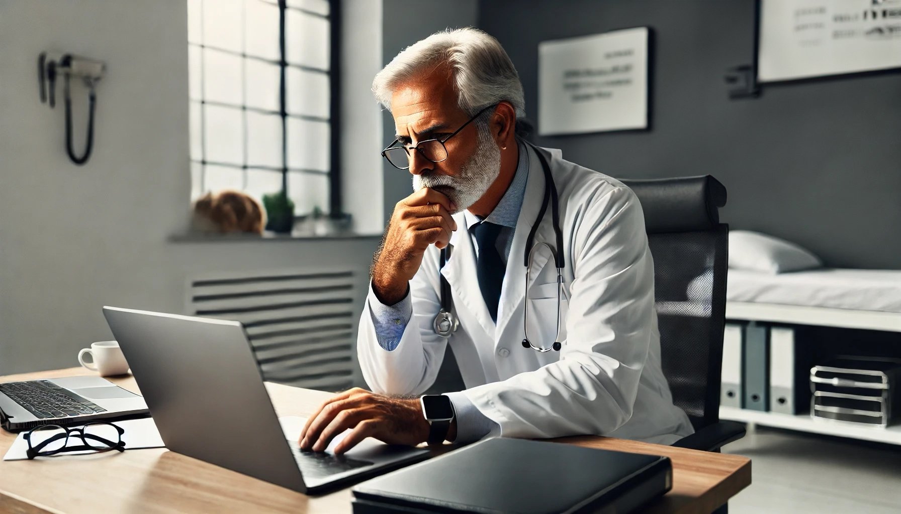 DALL·E 2024-10-15 16.35.41 - An older veterinary doctor in his office, sitting at his desk and looking closely at data on his laptop. He appears deep in thought, intently learning