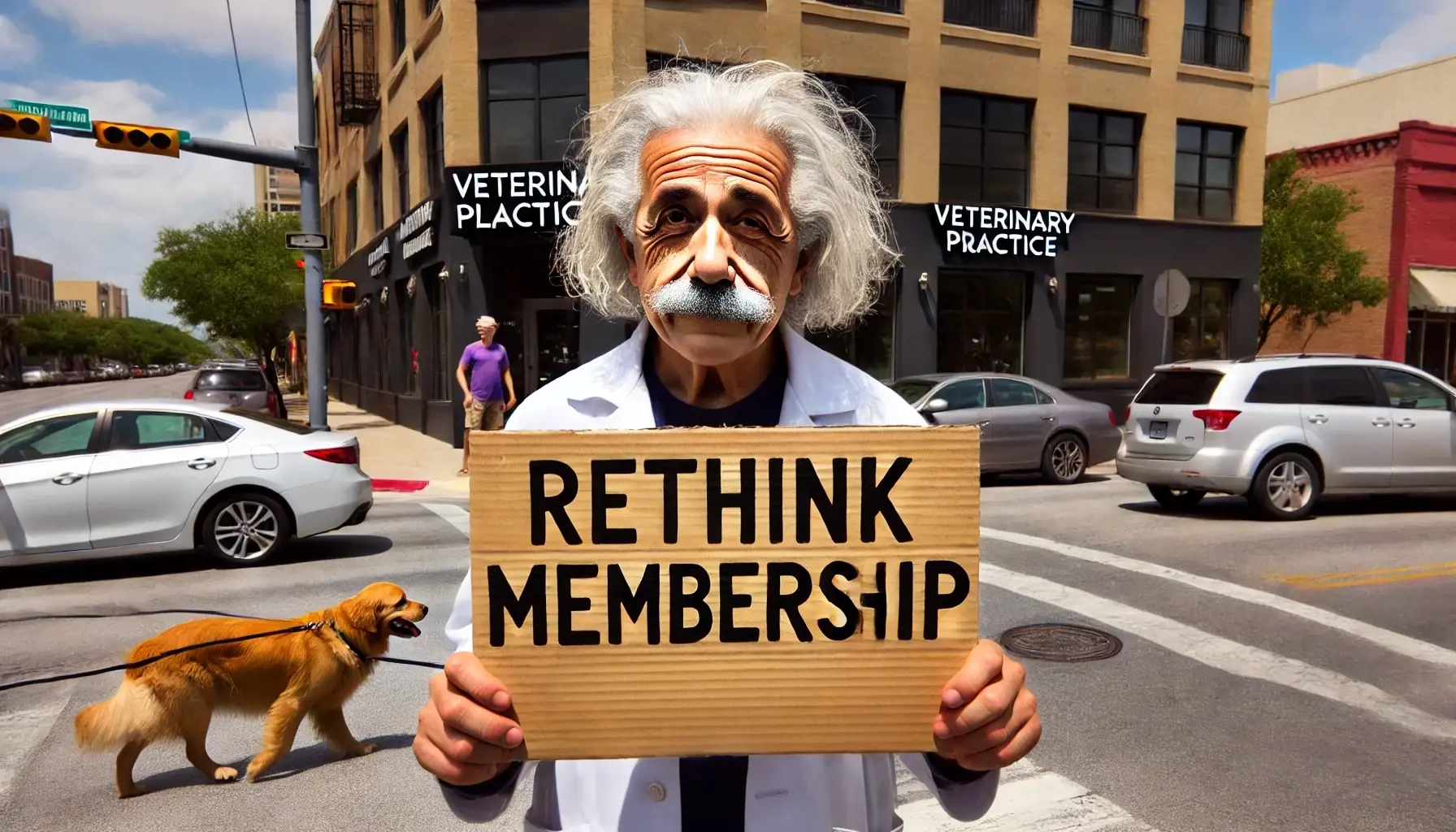 DALL·E 2024-10-18 07.38.58 - A close-up of Albert Einstein standing in front of a modern veterinary practice on a busy street corner in San Antonio, Texas. He has a smirk on his f