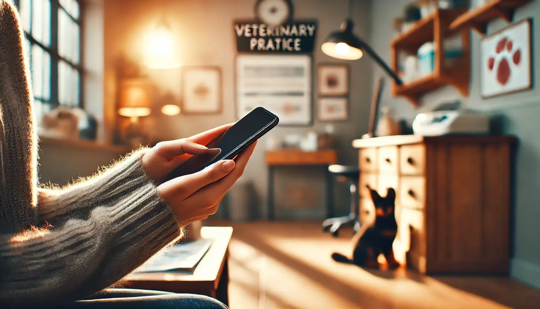 DALL·E 2024-10-18 19.27.15 - A warm, inviting image set in a veterinary practice. The focus is on a person holding their phone, ready to make a call. The background subtly include